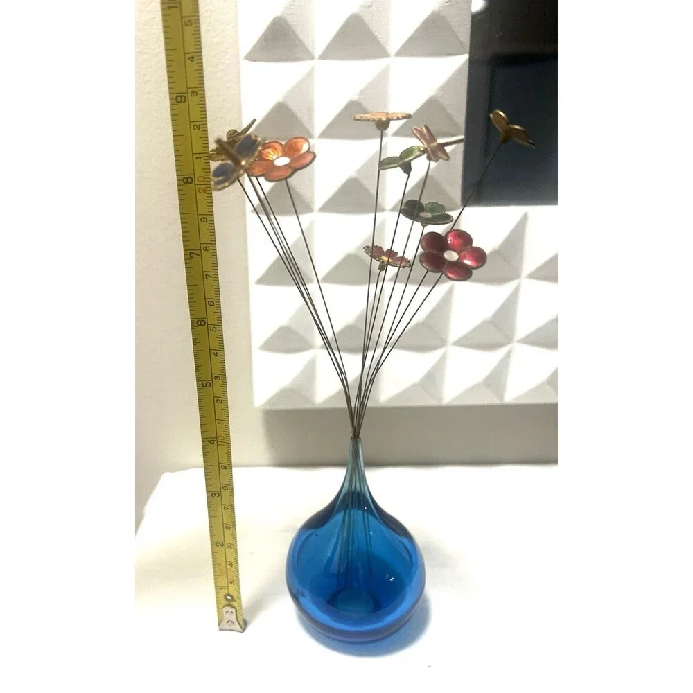 VTG Enamel Brass Flower Bouquet 12pc 8” Stems & Blue Glass Bud Vase 3” MCM